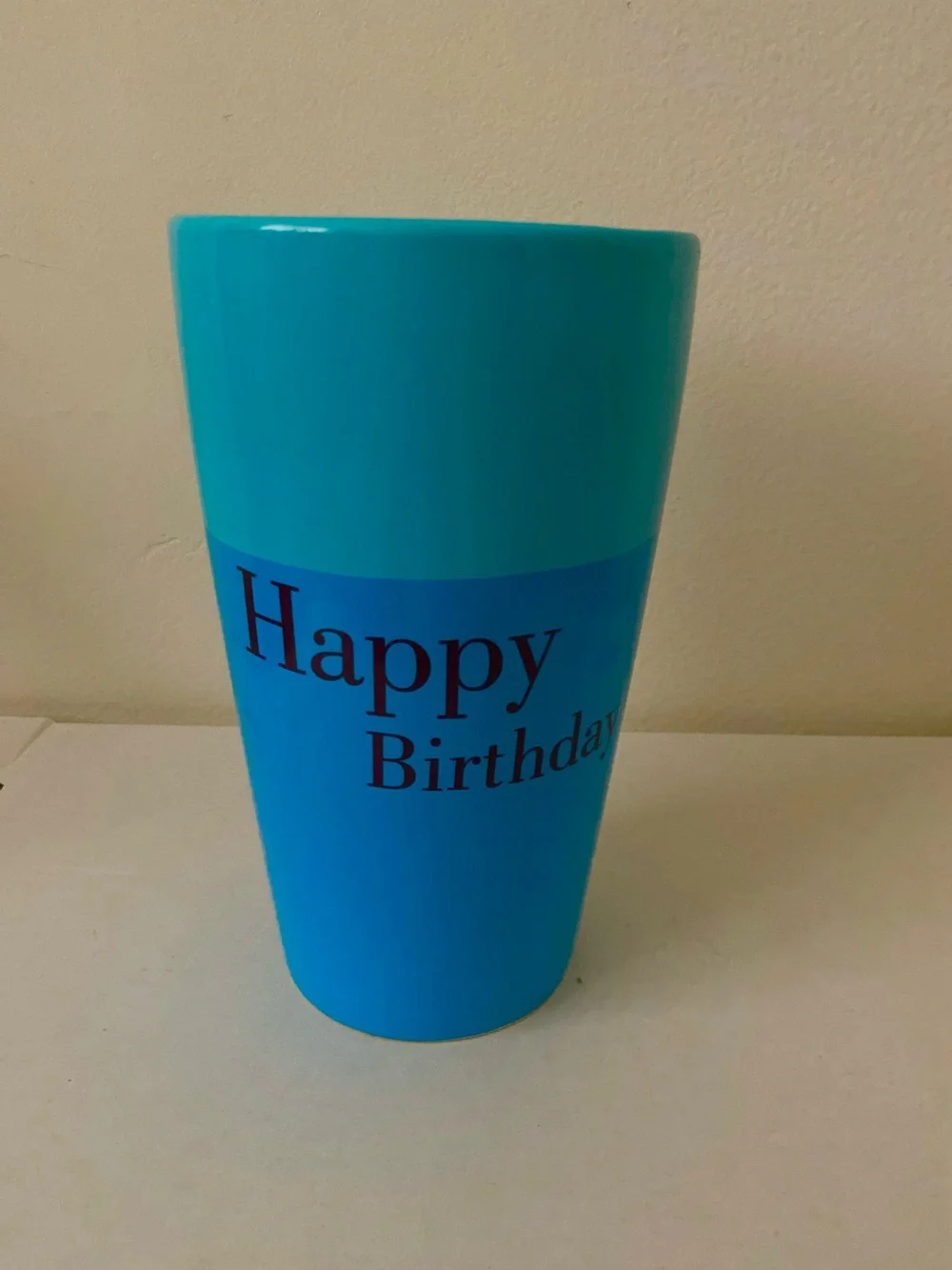 Happy Birthday Vase. 8 1/2” Height. Turquoise & Sky Blue Ceramic.